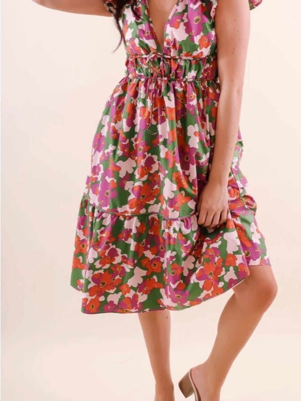 AUREUM Floral Tiered Midi Skirt in Green, Pink and Orange